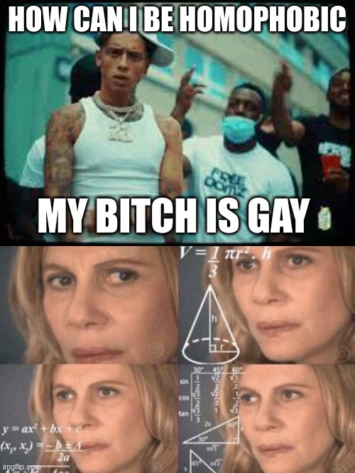 uk rappers are funny | HOW CAN I BE HOMOPHOBIC; MY BITCH IS GAY | image tagged in confused woman | made w/ Imgflip meme maker