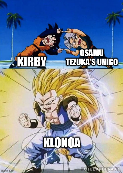 Does Klonoa remind you of anything? | OSAMU TEZUKA'S UNICO; KIRBY; KLONOA | image tagged in dbz fusion | made w/ Imgflip meme maker