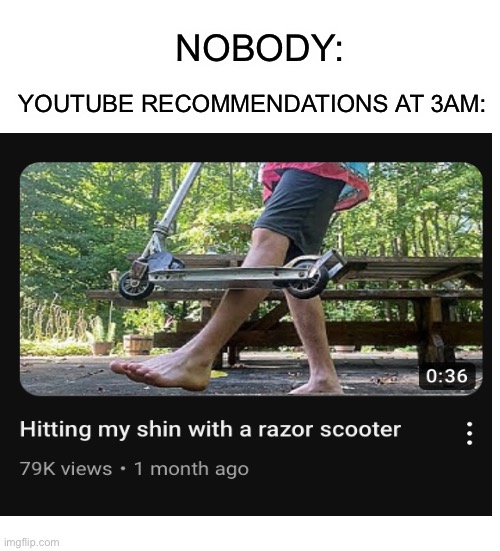 Fr tho | YOUTUBE RECOMMENDATIONS AT 3AM:; NOBODY: | image tagged in funny,meme,blank white template | made w/ Imgflip meme maker