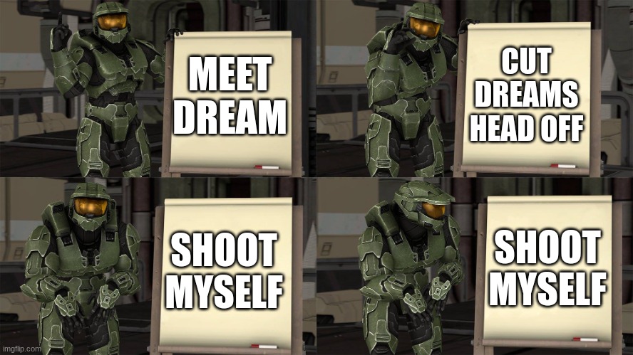 un-expected | CUT DREAMS HEAD OFF; MEET DREAM; SHOOT MYSELF; SHOOT MYSELF | image tagged in master chief's plan- despicable me halo | made w/ Imgflip meme maker