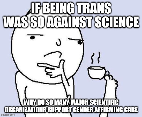 They just stay in denial | IF BEING TRANS WAS SO AGAINST SCIENCE; WHY DO SO MANY MAJOR SCIENTIFIC ORGANIZATIONS SUPPORT GENDER AFFIRMING CARE | image tagged in thinking meme | made w/ Imgflip meme maker