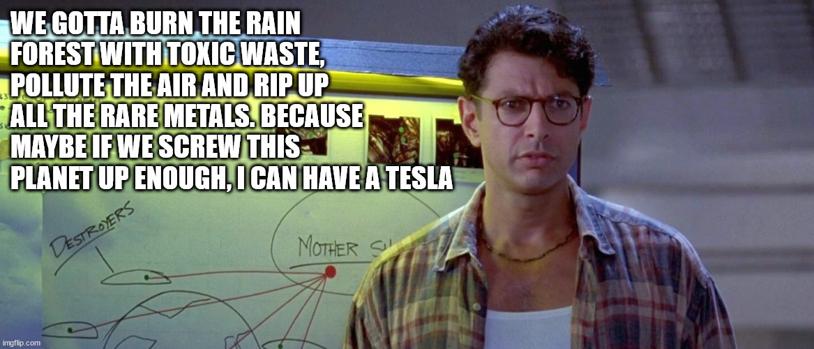 Teslapendence Day | WE GOTTA BURN THE RAIN FOREST WITH TOXIC WASTE, POLLUTE THE AIR AND RIP UP ALL THE RARE METALS. BECAUSE MAYBE IF WE SCREW THIS PLANET UP ENOUGH, I CAN HAVE A TESLA | image tagged in tesla,lithium,batteries | made w/ Imgflip meme maker