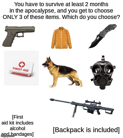 choose wisely | You have to survive at least 2 months in the apocalypse, and you get to choose ONLY 3 of these items. Which do you choose? [First aid kit includes alcohol and bandages]; [Backpack is included] | made w/ Imgflip meme maker