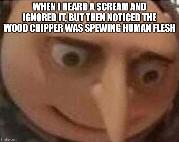 Oh S**** | WHEN I HEARD A SCREAM AND IGNORED IT, BUT THEN NOTICED THE WOOD CHIPPER WAS SPEWING HUMAN FLESH | image tagged in gru meme | made w/ Imgflip meme maker