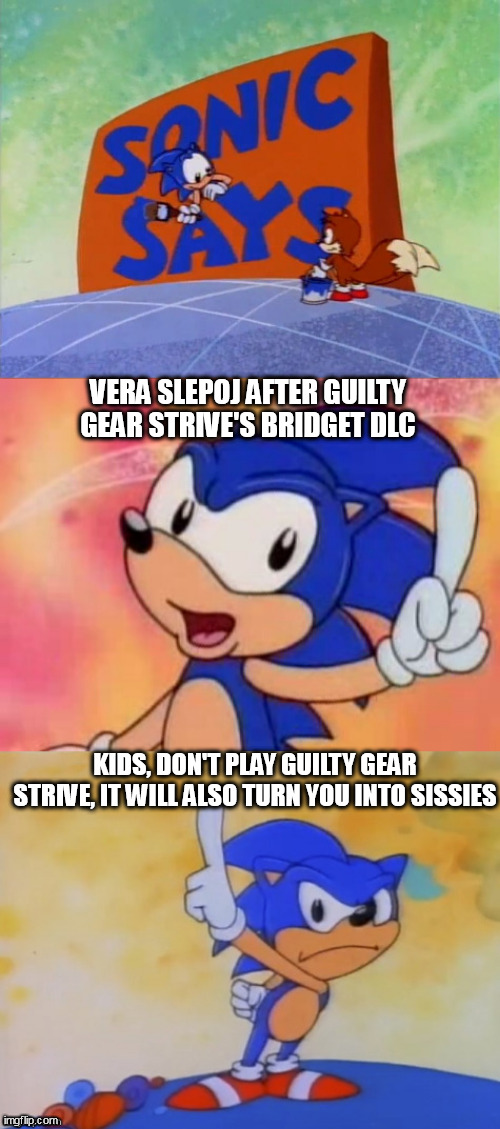 Imagine if Vera Slepoj will react to Bridget's gender in Guilty Gear Strive | VERA SLEPOJ AFTER GUILTY GEAR STRIVE'S BRIDGET DLC; KIDS, DON'T PLAY GUILTY GEAR STRIVE, IT WILL ALSO TURN YOU INTO SISSIES | image tagged in sonic sez | made w/ Imgflip meme maker