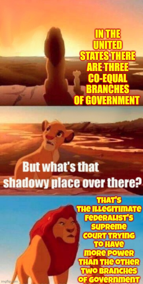 Expand The Supreme Court | IN THE UNITED STATES THERE ARE THREE CO-EQUAL BRANCHES OF GOVERNMENT; That's the Illegitimate Federalist's Supreme Court trying to have more power than the other two branches of government | image tagged in memes,simba shadowy place,illegitimate supreme court,supreme court,liars,corruption | made w/ Imgflip meme maker