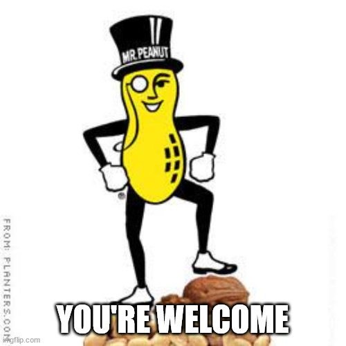 mr peanut | YOU'RE WELCOME | image tagged in mr peanut | made w/ Imgflip meme maker