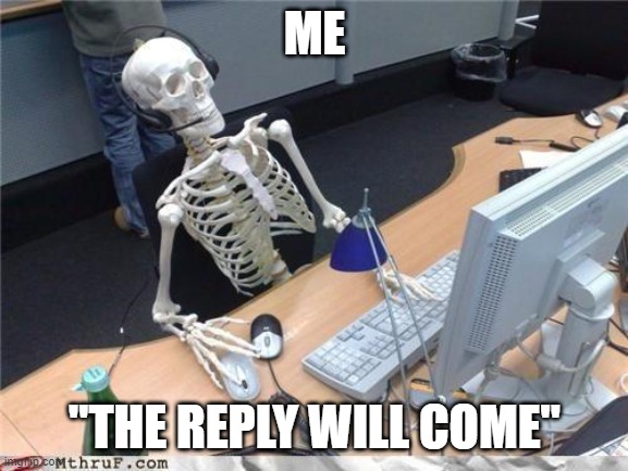 Waiting for a reply | ME; "THE REPLY WILL COME" | image tagged in waiting skeleton | made w/ Imgflip meme maker