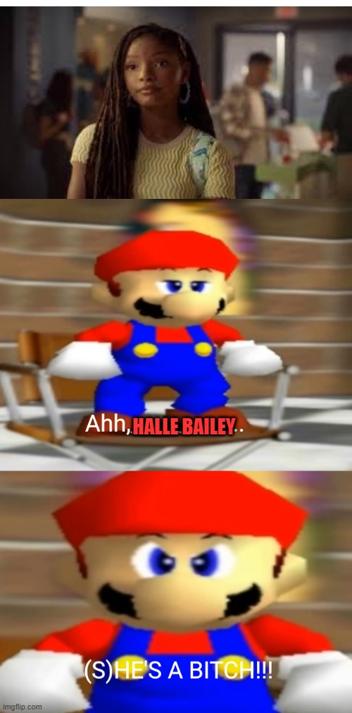 smg4 mario hates halle bailey | HALLE BAILEY | image tagged in smg4 mario hates,smg4,racist peter griffin family guy,disney,mario | made w/ Imgflip meme maker