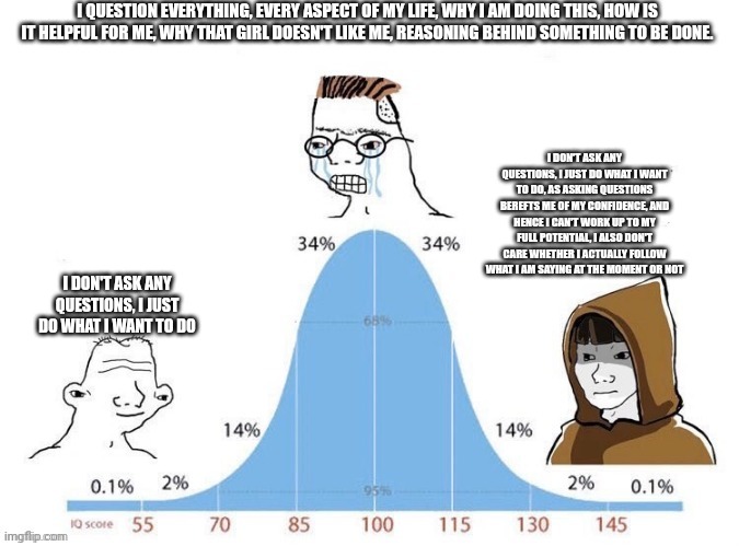 bell curve | I QUESTION EVERYTHING, EVERY ASPECT OF MY LIFE, WHY I AM DOING THIS, HOW IS IT HELPFUL FOR ME, WHY THAT GIRL DOESN'T LIKE ME, REASONING BEHIND SOMETHING TO BE DONE. I DON'T ASK ANY QUESTIONS, I JUST DO WHAT I WANT TO DO, AS ASKING QUESTIONS BEREFTS ME OF MY CONFIDENCE, AND HENCE I CAN'T WORK UP TO MY FULL POTENTIAL, I ALSO DON'T CARE WHETHER I ACTUALLY FOLLOW WHAT I AM SAYING AT THE MOMENT OR NOT; I DON'T ASK ANY QUESTIONS, I JUST DO WHAT I WANT TO DO | image tagged in bell curve | made w/ Imgflip meme maker