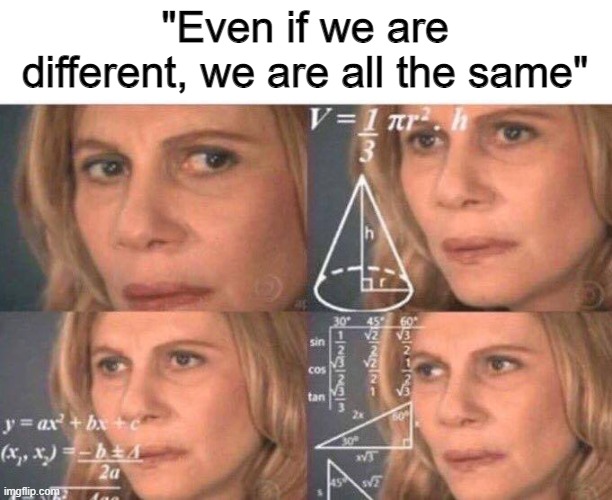 bruh | "Even if we are different, we are all the same" | image tagged in math lady/confused lady,confused,funny,memes | made w/ Imgflip meme maker
