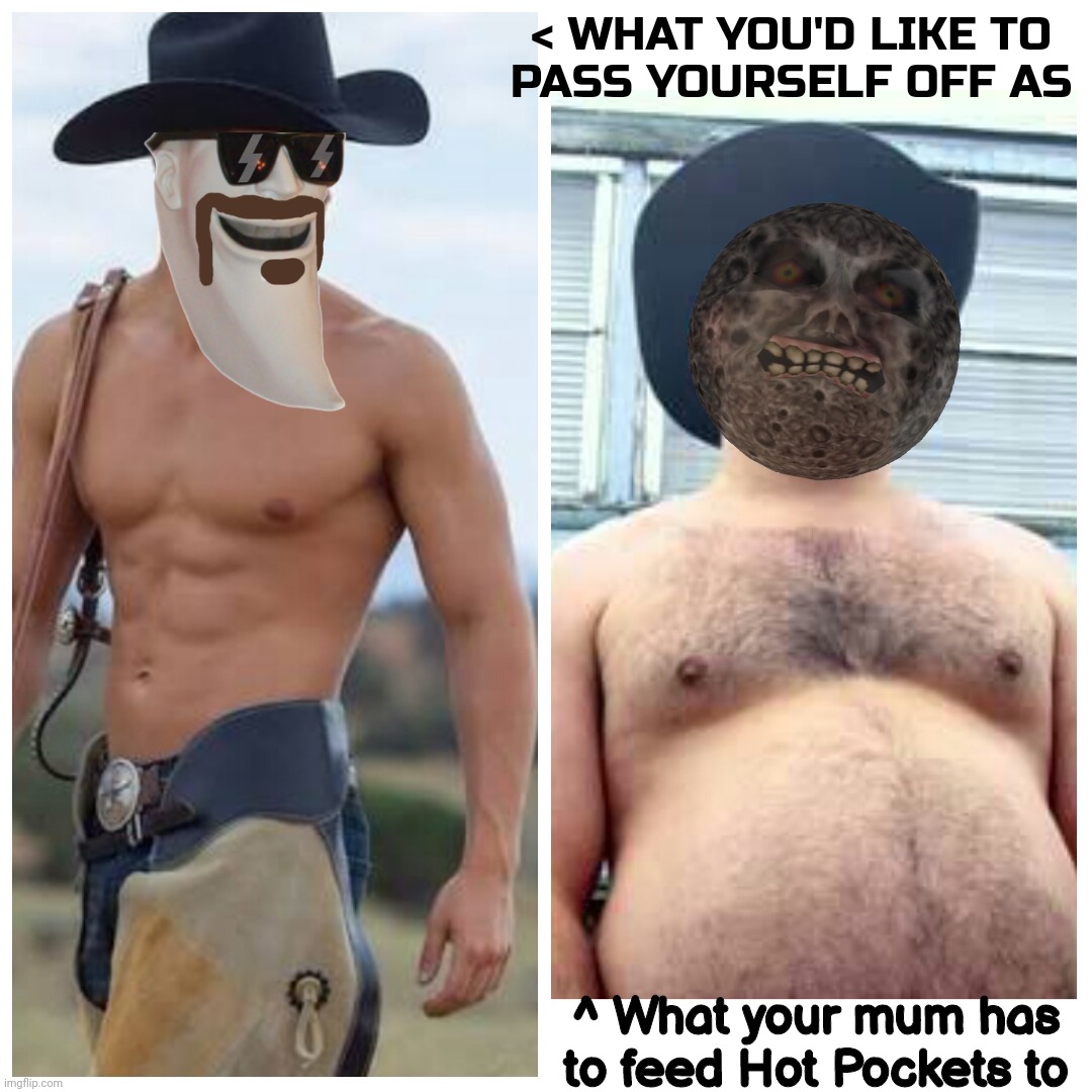 The Moon Man Goneth | < WHAT YOU'D LIKE TO
PASS YOURSELF OFF AS; ^ What your mum has
 to feed Hot Pockets to | image tagged in cowboy expectation vs reality,moon man,moonie,lunar,it's all about thuh feelz,so emo | made w/ Imgflip meme maker