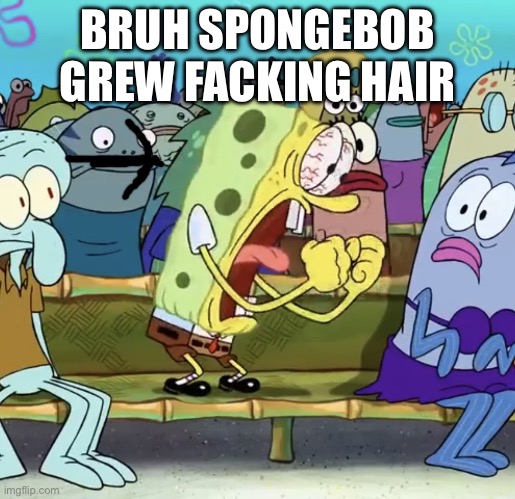 Spongebob Yelling | BRUH SPONGEBOB GREW FACKING HAIR | image tagged in spongebob yelling | made w/ Imgflip meme maker