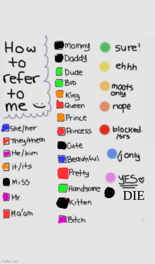 How To Refer To Me :) | DIE | image tagged in how to refer to me | made w/ Imgflip meme maker