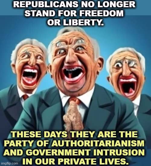 REPUBLICANS NO LONGER 
STAND FOR FREEDOM 
OR LIBERTY. THESE DAYS THEY ARE THE 
PARTY OF AUTHORITARIANISM 
AND GOVERNMENT INTRUSION 
IN OUR PRIVATE LIVES. | image tagged in freedom,liberty,democrats,dictator,fascism,republicans | made w/ Imgflip meme maker