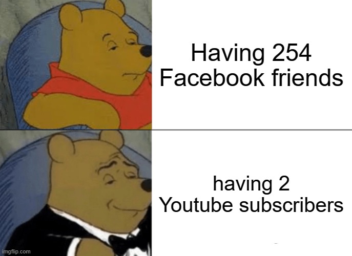 pride and joy | Having 254 Facebook friends; having 2 Youtube subscribers | image tagged in memes,tuxedo winnie the pooh | made w/ Imgflip meme maker