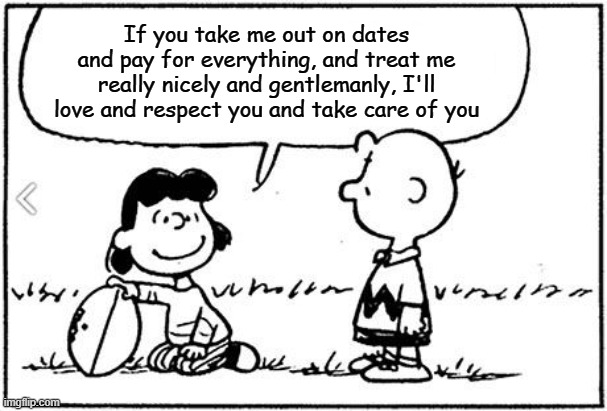 promises, promises... | If you take me out on dates and pay for everything, and treat me really nicely and gentlemanly, I'll love and respect you and take care of you | image tagged in charlie brown football,lying,believewomen,lucy,relationship memes | made w/ Imgflip meme maker