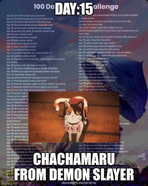 15 | DAY:15; CHACHAMARU FROM DEMON SLAYER | image tagged in 100 day anime challenge | made w/ Imgflip meme maker