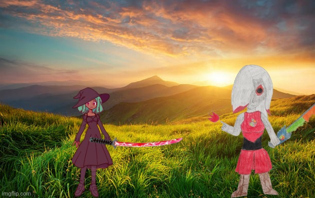 Kinyani teaches Inkmatas how to use the Murasama | image tagged in mountain landscape | made w/ Imgflip meme maker