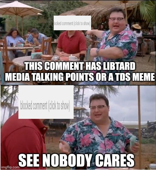 See Nobody Cares Meme | THIS COMMENT HAS LIBTARD MEDIA TALKING POINTS OR A TDS MEME; SEE NOBODY CARES | image tagged in memes,see nobody cares | made w/ Imgflip meme maker