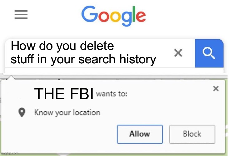 The FBI is catching on to us | How do you delete stuff in your search history; THE FBI | image tagged in wants to know your location,fbi,memes,funny,google | made w/ Imgflip meme maker
