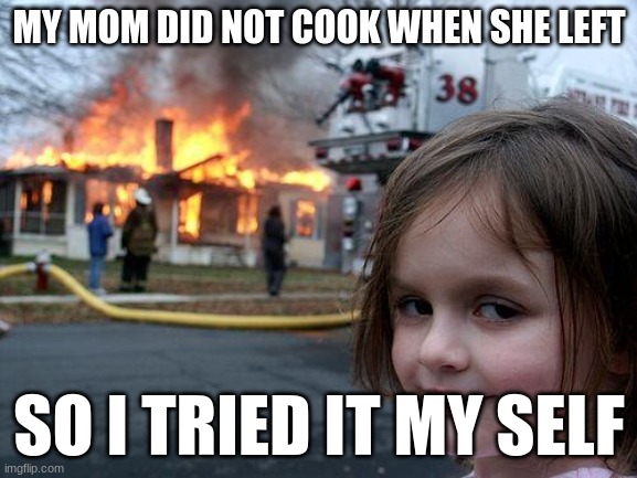 Disaster Girl | MY MOM DID NOT COOK WHEN SHE LEFT; SO I TRIED IT MY SELF | image tagged in memes,disaster girl | made w/ Imgflip meme maker