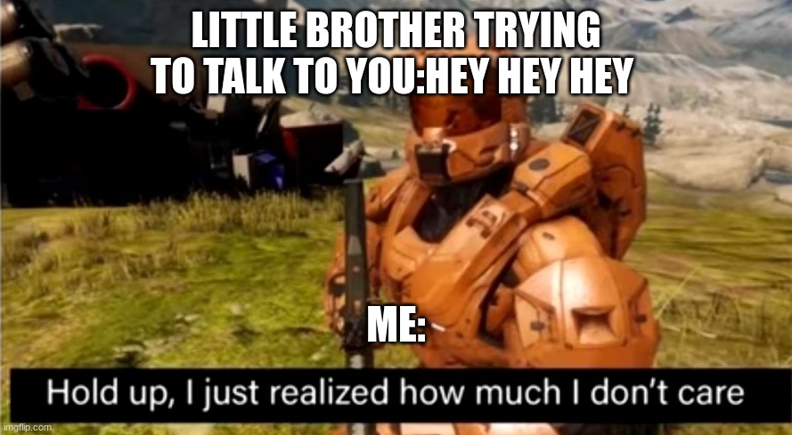 hold up, i just realized how much i don't care | LITTLE BROTHER TRYING TO TALK TO YOU:HEY HEY HEY; ME: | image tagged in hold up i just realized how much i don't care | made w/ Imgflip meme maker