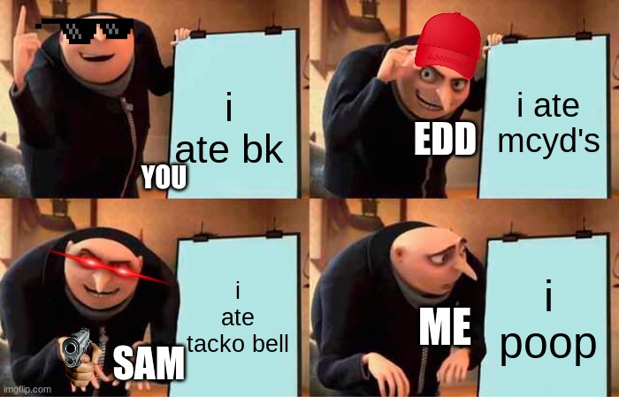 Gru's Plan | i ate mcyd's; i ate bk; EDD; YOU; i ate tacko bell; i poop; ME; SAM | image tagged in memes,gru's plan | made w/ Imgflip meme maker