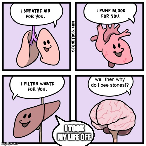 kidney falure | well then why do i pee stones!? I TOOK MY LIFE OFF. | image tagged in i breathe air for you | made w/ Imgflip meme maker