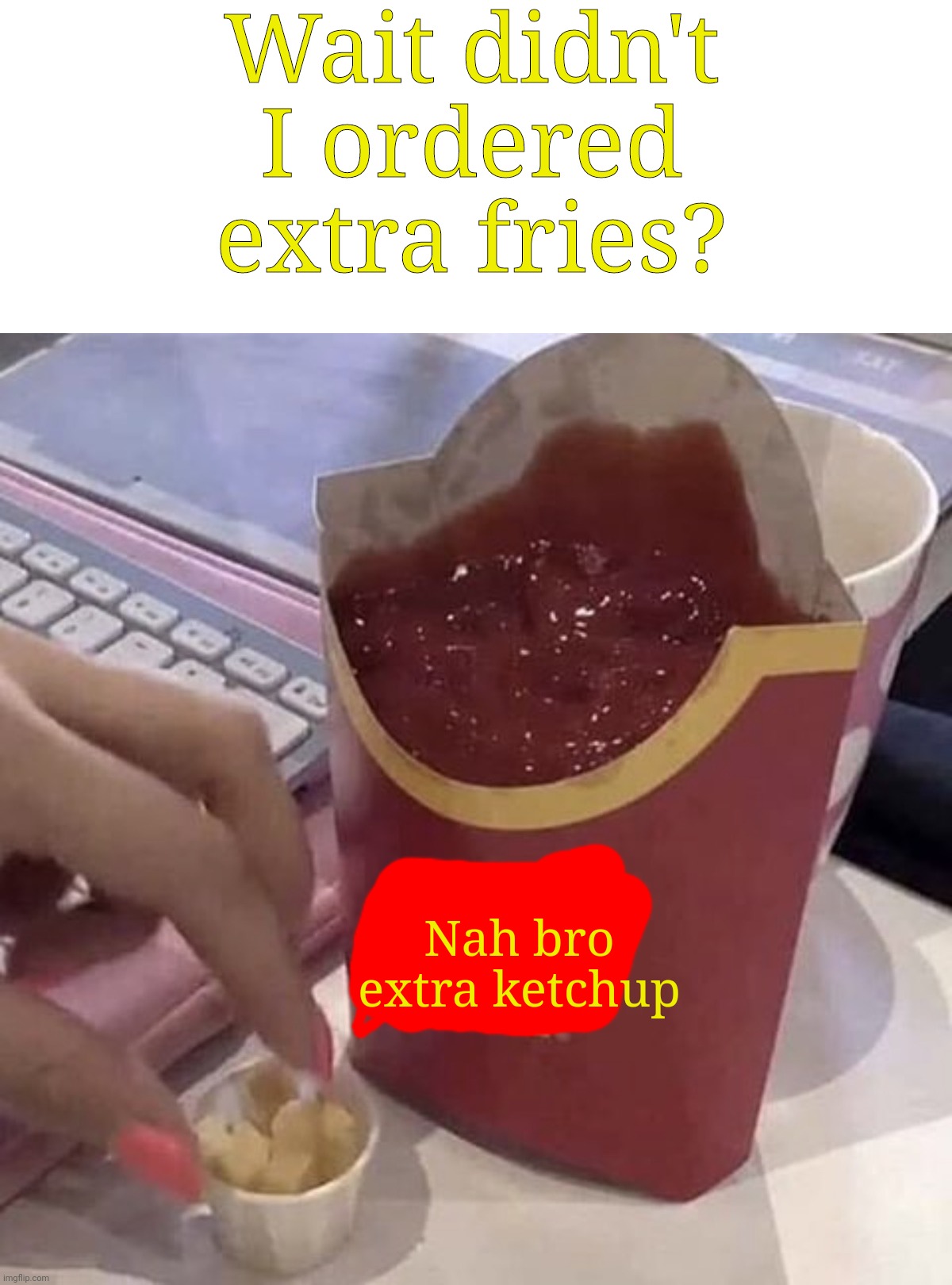 I'm more of a ketchup guy ngl | Wait didn't I ordered extra fries? Nah bro extra ketchup | image tagged in k e t c h u p  l o l | made w/ Imgflip meme maker