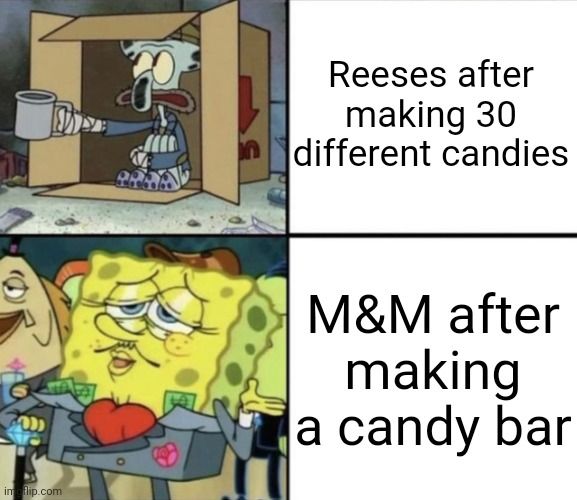 Text setting for this template are so weird (#1,034) | Reeses after making 30 different candies; M&M after making a candy bar | image tagged in poor squidward vs rich spongebob,candy,reese's,chocolate,memes,rich | made w/ Imgflip meme maker