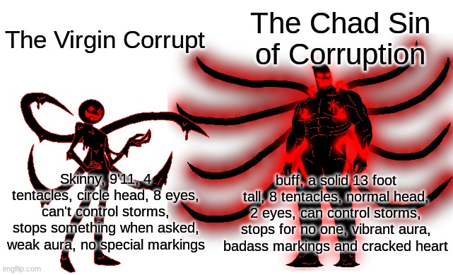 The Chad Sin of Corruption; The Virgin Corrupt; buff, a solid 13 foot tall, 8 tentacles, normal head, 2 eyes, can control storms, stops for no one, vibrant aura, badass markings and cracked heart; Skinny, 9'11, 4 tentacles, circle head, 8 eyes, can't control storms, stops something when asked, weak aura, no special markings | made w/ Imgflip meme maker