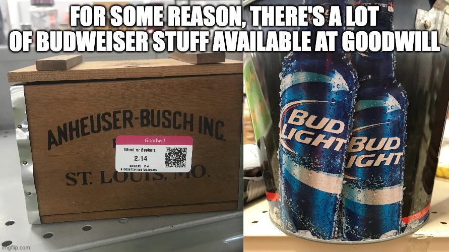 Go Figure... | FOR SOME REASON, THERE'S A LOT OF BUDWEISER STUFF AVAILABLE AT GOODWILL | image tagged in bud light | made w/ Imgflip meme maker
