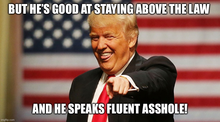 Trump Sucker | BUT HE’S GOOD AT STAYING ABOVE THE LAW AND HE SPEAKS FLUENT ASSHOLE! | image tagged in trump sucker | made w/ Imgflip meme maker
