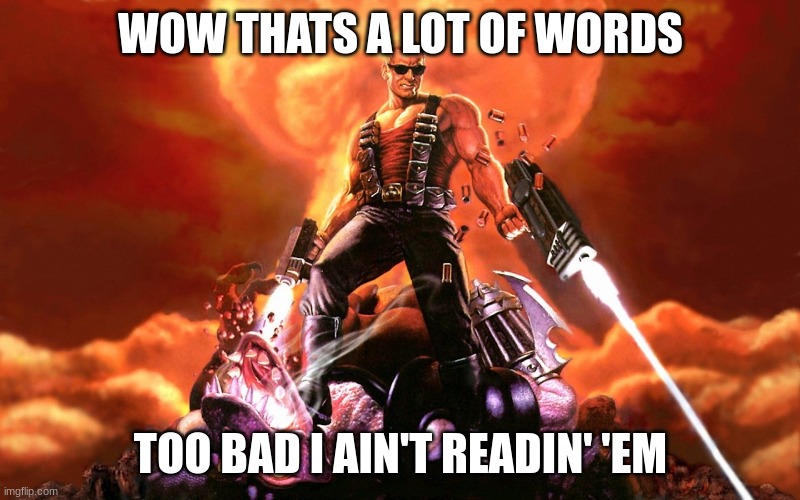 Duke Nukem | WOW THATS A LOT OF WORDS; TOO BAD I AIN'T READIN' 'EM | image tagged in duke nukem | made w/ Imgflip meme maker