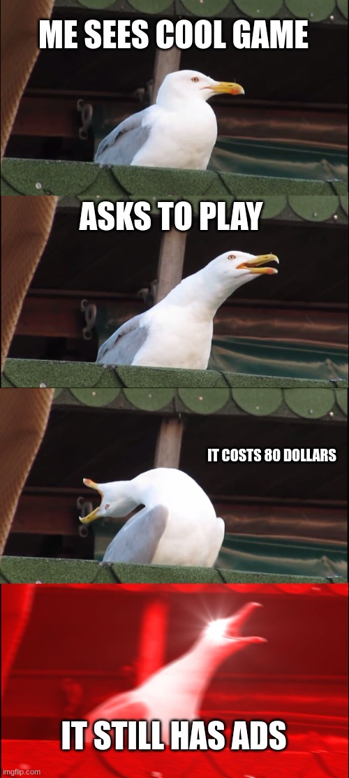 Isn't this kinda true thou | ME SEES COOL GAME; ASKS TO PLAY; IT COSTS 80 DOLLARS; IT STILL HAS ADS | image tagged in memes,inhaling seagull,ads,80 dollars,e | made w/ Imgflip meme maker
