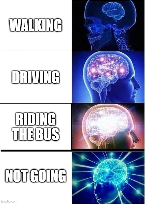 transportation | WALKING; DRIVING; RIDING THE BUS; NOT GOING | image tagged in memes,expanding brain | made w/ Imgflip meme maker