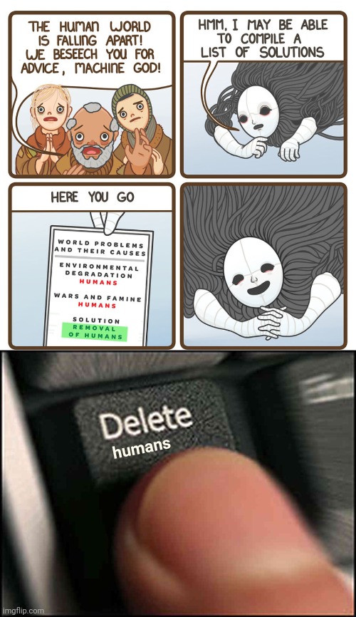 *deletes humans* | humans | image tagged in delete button,dark humor,comic,humans,human,memes | made w/ Imgflip meme maker