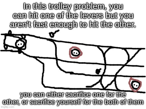 In this trolley problem, you can hit one of the levers but you aren't fast enough to hit the other. you can either sacrifice one for the other, or sacrifice yourself for the both of them | made w/ Imgflip meme maker