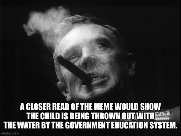 General Ripper (Dr. Strangelove) | A CLOSER READ OF THE MEME WOULD SHOW THE CHILD IS BEING THROWN OUT WITH THE WATER BY THE GOVERNMENT EDUCATION SYSTEM. | image tagged in general ripper dr strangelove | made w/ Imgflip meme maker