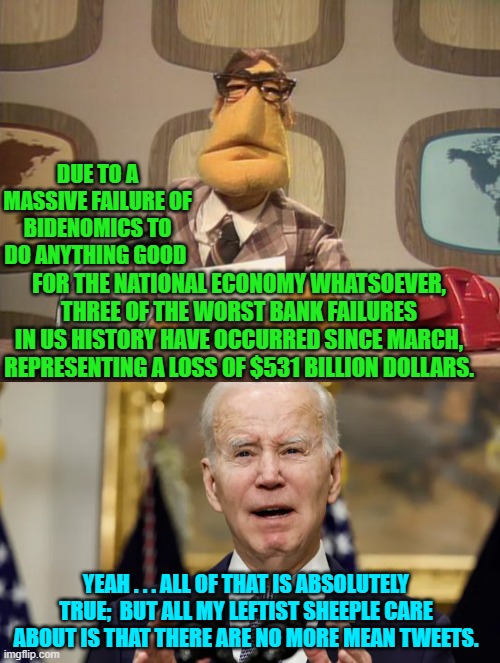 Leftists are pretty simple creatures, when you get right down to it. | DUE TO A MASSIVE FAILURE OF BIDENOMICS TO DO ANYTHING GOOD; FOR THE NATIONAL ECONOMY WHATSOEVER, THREE OF THE WORST BANK FAILURES IN US HISTORY HAVE OCCURRED SINCE MARCH, REPRESENTING A LOSS OF $531 BILLION DOLLARS. YEAH . . . ALL OF THAT IS ABSOLUTELY TRUE;  BUT ALL MY LEFTIST SHEEPLE CARE ABOUT IS THAT THERE ARE NO MORE MEAN TWEETS. | image tagged in muppet news | made w/ Imgflip meme maker
