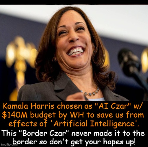 Trusting the Biden Administration will teach her how to spell 'Intelligence' before letting her loose... | Kamala Harris chosen as "AI Czar" w/ 
$140M budget by WH to save us from 
effects of 'Artificial Intelligence'. This "Border Czar" never made it to the 
border so don't get your hopes up! | image tagged in politics,kamala harris,artificial intelligence,no natural intelligence,you can't fix stupid,border | made w/ Imgflip meme maker