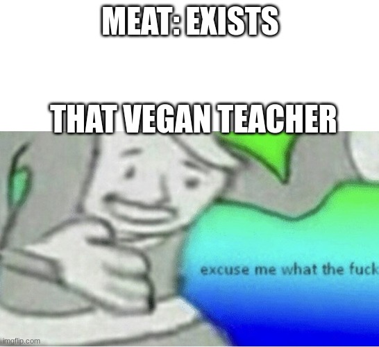 Excuse me wtf blank template | MEAT: EXISTS; THAT VEGAN TEACHER | image tagged in excuse me wtf blank template | made w/ Imgflip meme maker