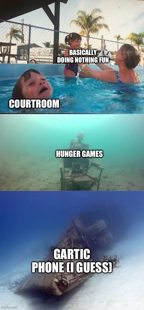 This is why I get bored | BASICALLY DOING NOTHING FUN; COURTROOM; HUNGER GAMES; GARTIC PHONE (I GUESS) | image tagged in kid drowning extended | made w/ Imgflip meme maker