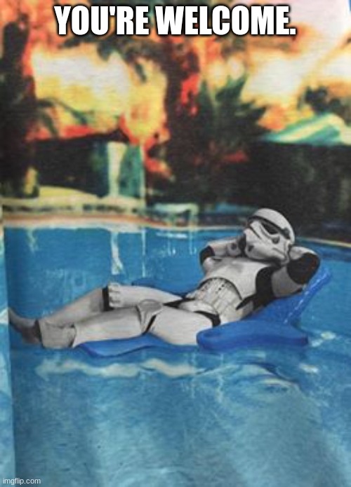 Stormtrooper relax pool | YOU'RE WELCOME. | image tagged in stormtrooper relax pool | made w/ Imgflip meme maker