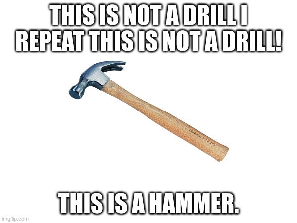 Hammer | THIS IS NOT A DRILL I REPEAT THIS IS NOT A DRILL! THIS IS A HAMMER. | image tagged in blank white template,memes,hammer | made w/ Imgflip meme maker