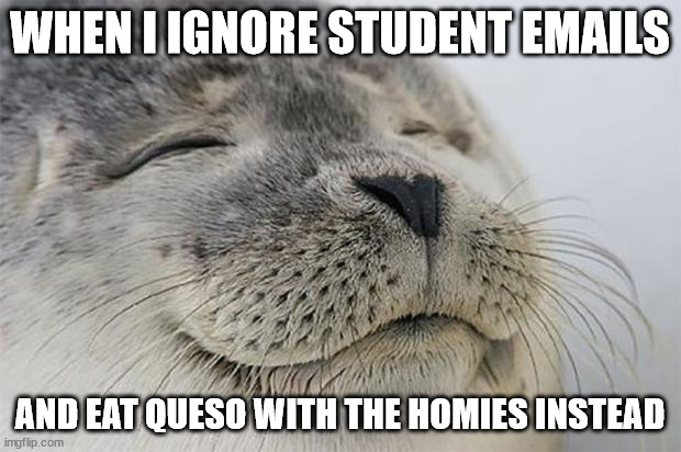 finals week | WHEN I IGNORE STUDENT EMAILS; AND EAT QUESO WITH THE HOMIES INSTEAD | image tagged in memes,satisfied seal | made w/ Imgflip meme maker
