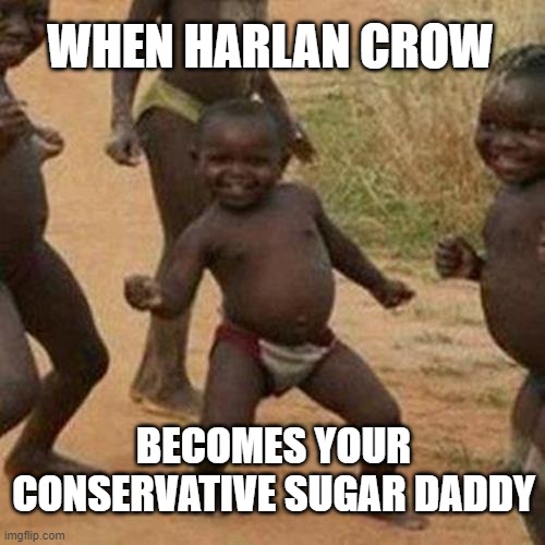 Harlan Crow pour some sugar on me | WHEN HARLAN CROW; BECOMES YOUR CONSERVATIVE SUGAR DADDY | image tagged in memes,third world success kid,politics | made w/ Imgflip meme maker