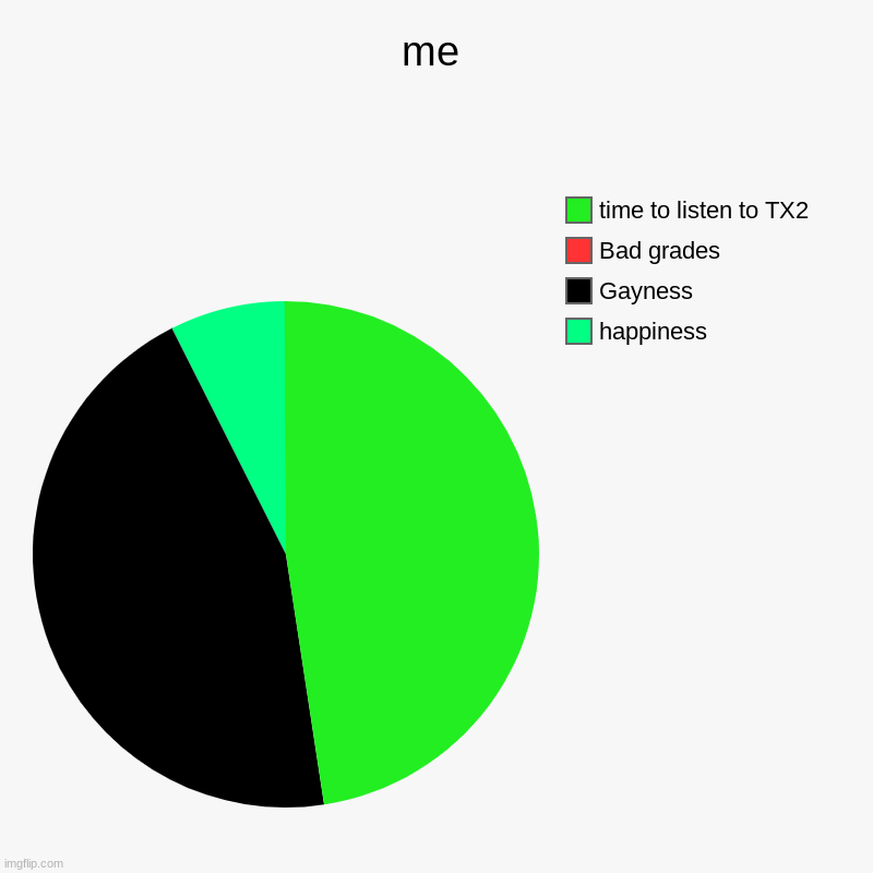 me | happiness, Gayness, Bad grades, time to listen to TX2 | image tagged in charts,pie charts | made w/ Imgflip chart maker