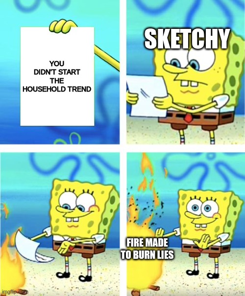 RCS2 Meme | SKETCHY; YOU DIDN'T START THE HOUSEHOLD TREND; FIRE MADE TO BURN LIES | image tagged in spongebob burning paper | made w/ Imgflip meme maker